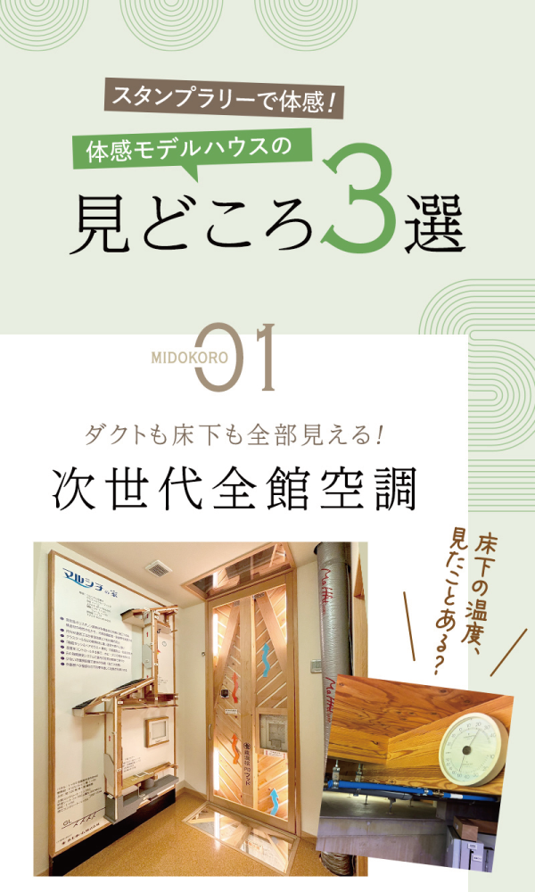 モデルハウス
スタンプラリーで体感!
体感モデルハウスの
見どころ3選
01
ダクトも床下も全部見える!
次世代全館空調
床下の温度見たことある?